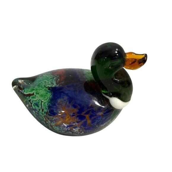 Glass Multicolor Green Blue Duck Paperweight Figurine 4" x 3" - Picture 1 of 7